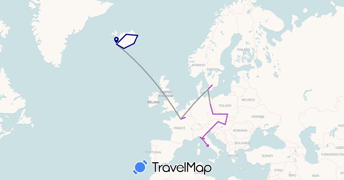 TravelMap itinerary: driving, plane, train in Austria, Czech Republic, Germany, Denmark, France, Hungary, Iceland, Italy, Poland, Sweden (Europe)