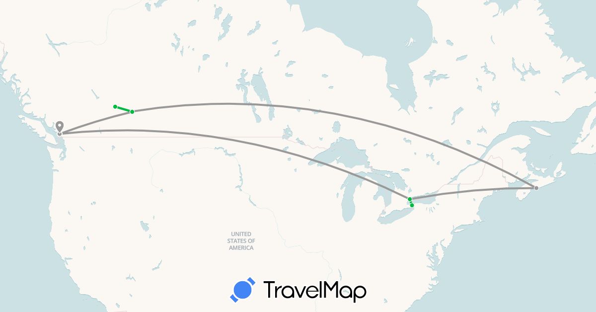 TravelMap itinerary: bus, plane in Canada (North America)